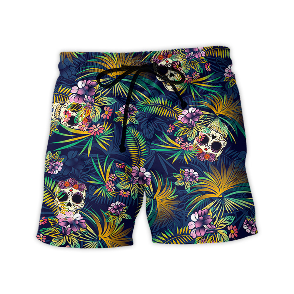 Beach Short / Adults / S Skull Play With Tropical Leaf - Beach Short Reefox - Owls Matrix LTD
