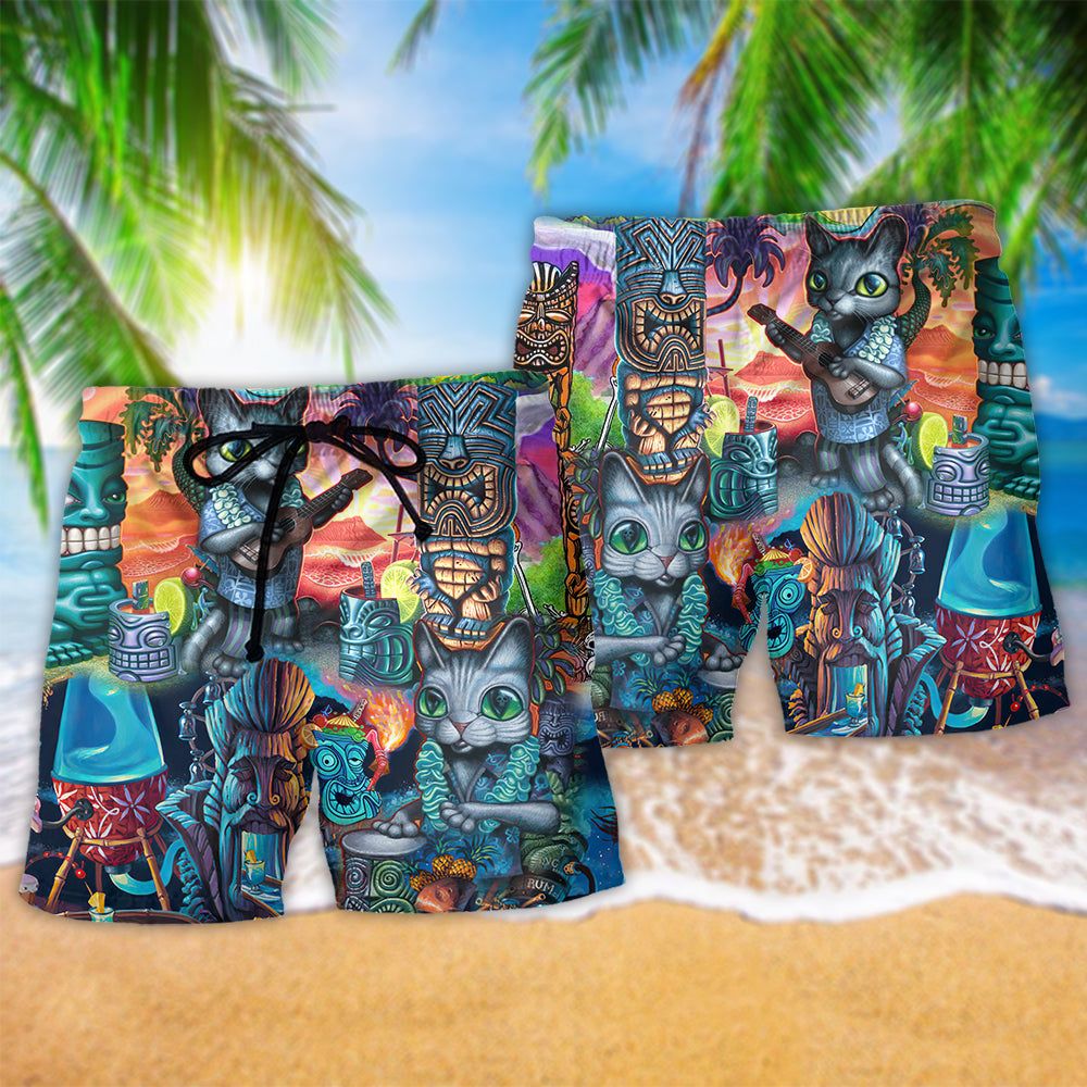 Tiki It's Tiki Time And Cat - Beach Short Reefox - Owls Matrix LTD