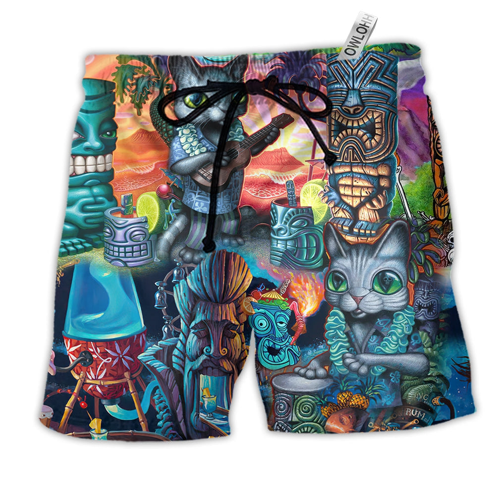 Beach Short / Adults / S Tiki It's Tiki Time And Cat - Beach Short Reefox - Owls Matrix LTD