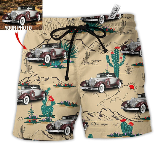 Beach Short / Adults / S Vintage Car On The Desert Basic Style Custom Photo - Beach Short Reefox - Owls Matrix LTD