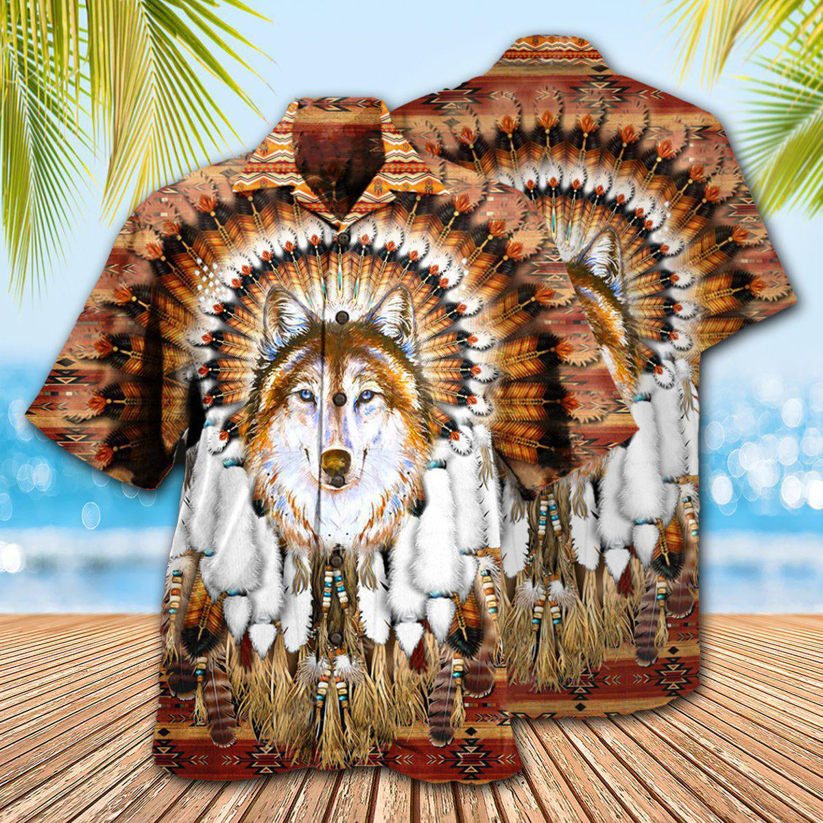Native American Wolf Feather Headdress Cool - Hawaiian Shirt - Reefox