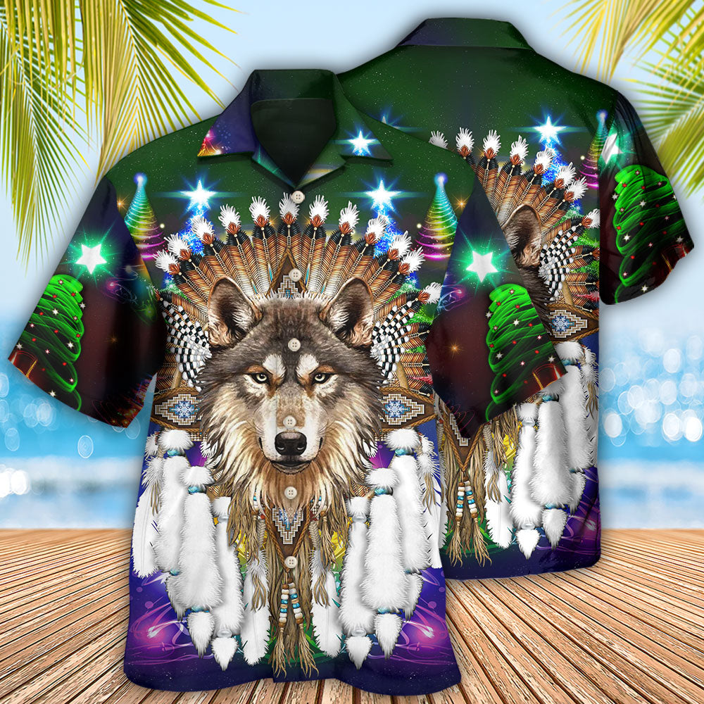 Native Wolf And Merry Christmas Cool - Hawaiian Shirt - Reefox