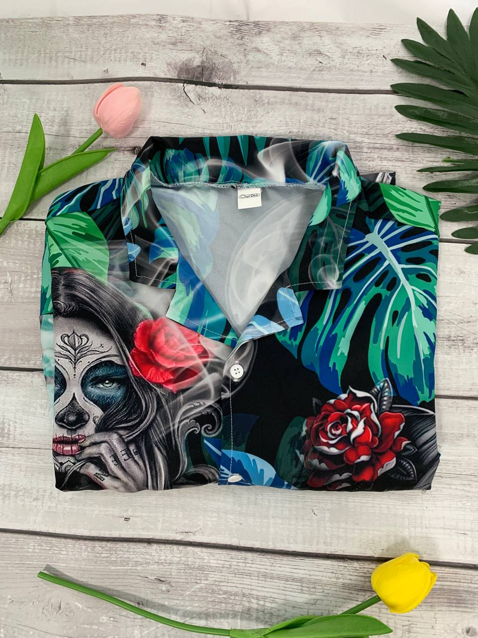 Skull Tropical White Smoke Red Flower - Hawaiian Shirt - Reefox